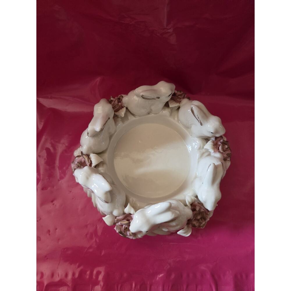 Vintage Cream Ceramic Large Candleholder Rabbits In A Circle W/Pink Rose Easter - Picture 3 of 6
